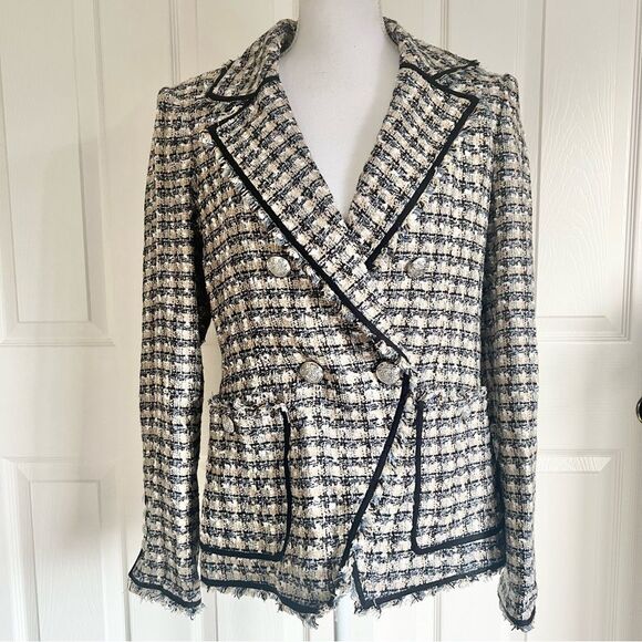 Veronica Beard Tweed Theron Blazer Double Breasted Jacket Camel Blue US 10 NEW - Picture 3 of 12
